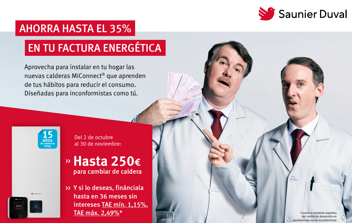 Nueva promoción calderas MiConnect® de Saunier Duval para el usuario final hasta 250 € de descuento y financiación hasta en 36 meses sin intereses